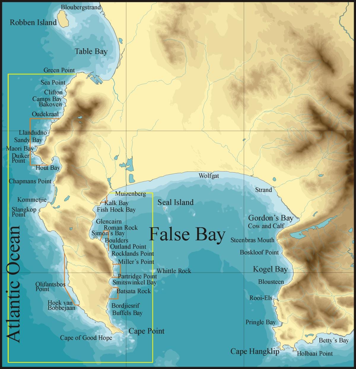 žemėlapis false bay, Cape Town