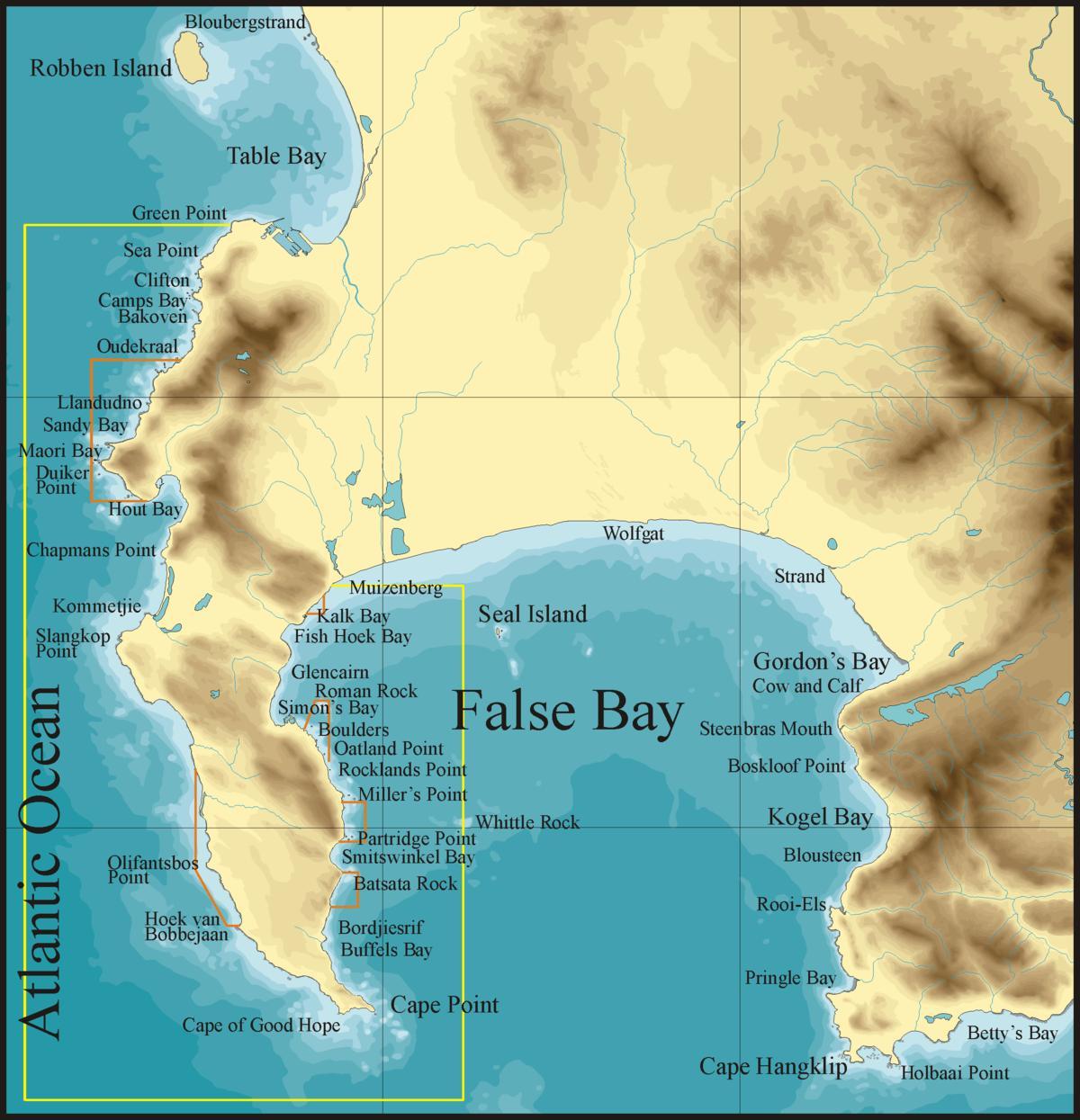 žemėlapis false bay, Cape Town