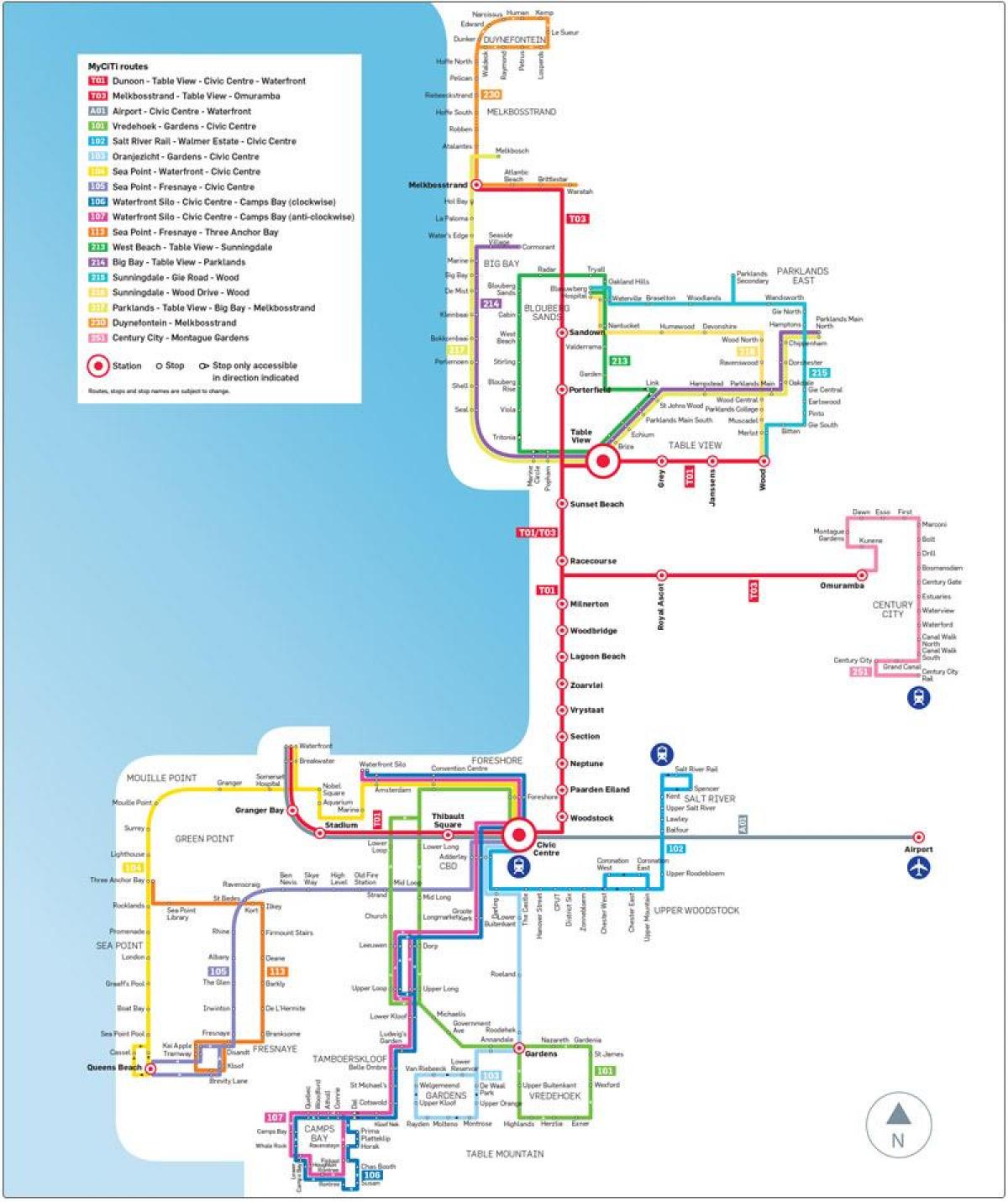 Cape Town myciti autobusų maršruto žemėlapį