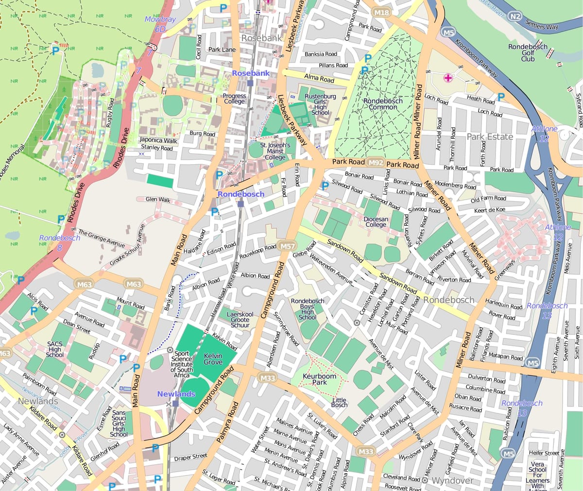 žemėlapis rondebosch keiptaunas