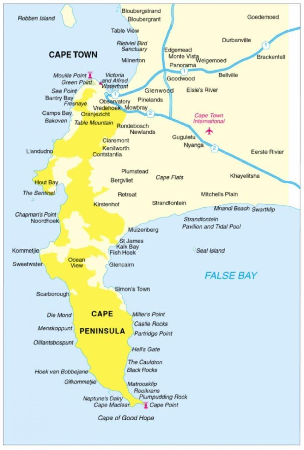 žemėlapis pusiasalio cape, Pietų Afrika