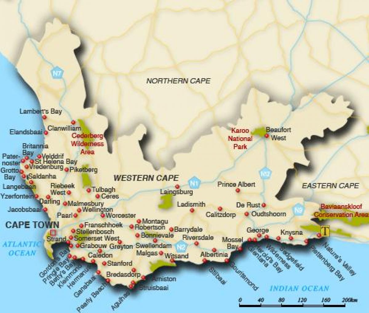 western cape paplūdimiai žemėlapyje