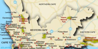 Western cape paplūdimiai žemėlapyje